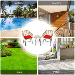 3 Piece Patio Rattan Bistro Set, 2 Open Weave Tub Chairs Rated 400 lb with Red Cushions and a 19.5 in Round Glass Table