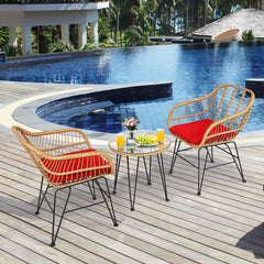 3 Piece Patio Rattan Bistro Set, 2 Open Weave Tub Chairs Rated 400 lb with Red Cushions and a 19.5 in Round Glass Table