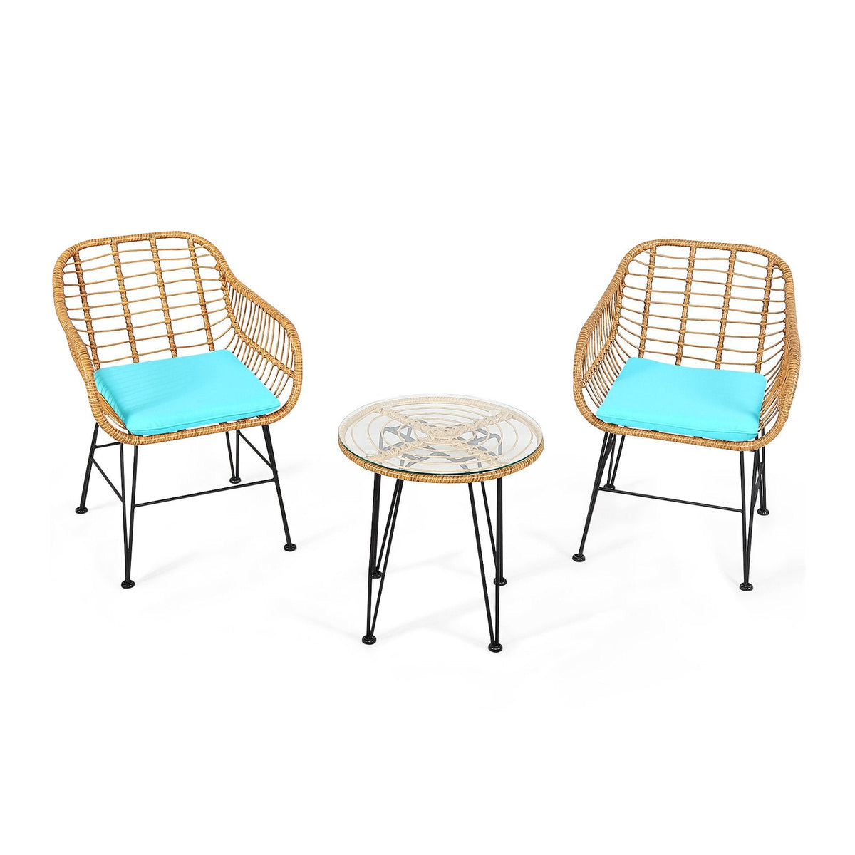 3 Piece Patio Rattan Bistro Set, 2 Open Weave Tub Chairs Rated 400 lb with Turquoise Cushions and a 19.5 in Round Glass Table