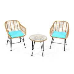 3 Piece Patio Rattan Bistro Set, 2 Open Weave Tub Chairs Rated 400 lb with Turquoise Cushions and a 19.5 in Round Glass Table