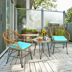 3 Piece Patio Rattan Bistro Set, 2 Open Weave Tub Chairs Rated 400 lb with Turquoise Cushions and a 19.5 in Round Glass Table