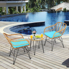 3 Piece Patio Rattan Bistro Set, 2 Open Weave Tub Chairs Rated 400 lb with Turquoise Cushions and a 19.5 in Round Glass Table