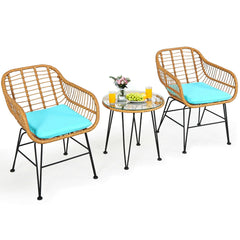 3 Piece Patio Rattan Bistro Set, 2 Open Weave Tub Chairs Rated 400 lb with Turquoise Cushions and a 19.5 in Round Glass Table