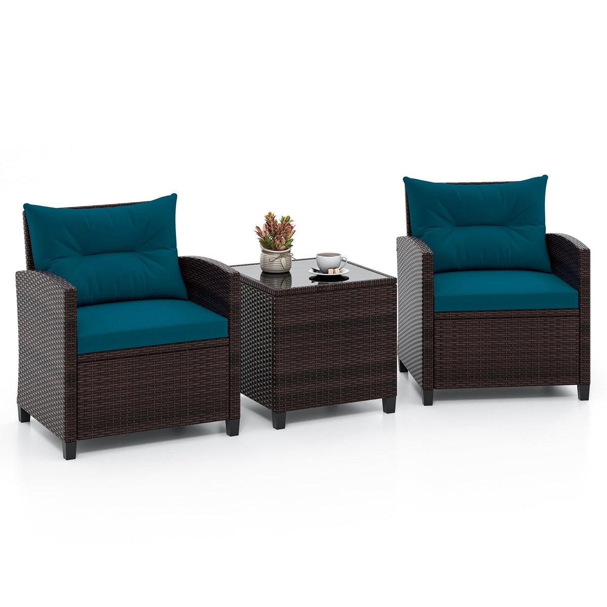 3 Piece Patio Rattan Conversation Set, 2 Wicker Sofas with Peacock blue Cushions, 21.5 in Seat Height and Glass Top Table