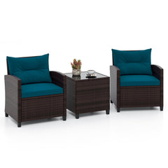 3 Piece Patio Rattan Conversation Set, 2 Wicker Sofas with Peacock blue Cushions, 21.5 in Seat Height and Glass Top Table