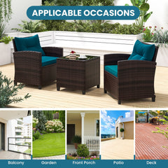 3 Piece Patio Rattan Conversation Set, 2 Wicker Sofas with Peacock blue Cushions, 21.5 in Seat Height and Glass Top Table