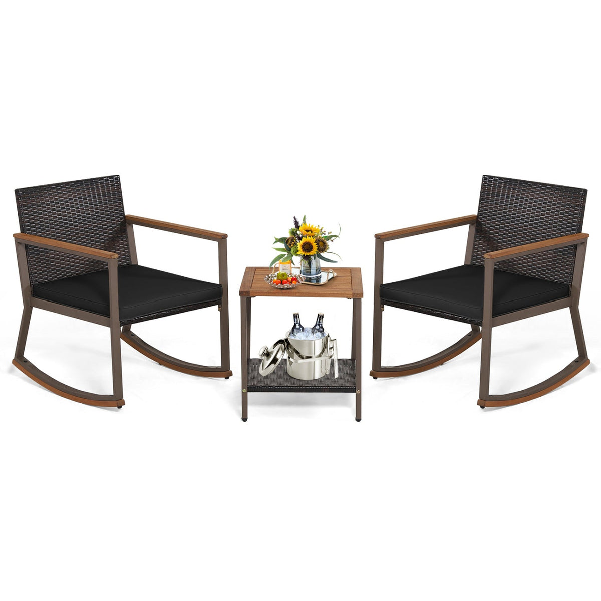 3 Piece Patio Rattan Rocking Bistro Set, 2 Rockers Rated 400 lb with Black Cushions and a Two Tier Acacia Top Table