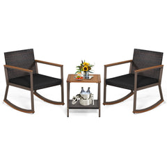 3 Piece Patio Rattan Rocking Bistro Set, 2 Rockers Rated 400 lb with Black Cushions and a Two Tier Acacia Top Table