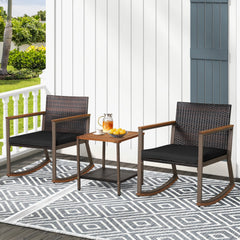 3 Piece Patio Rattan Rocking Bistro Set, 2 Rockers Rated 400 lb with Black Cushions and a Two Tier Acacia Top Table