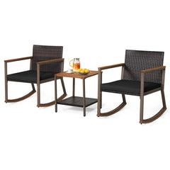 3 Piece Patio Rattan Rocking Bistro Set, 2 Rockers Rated 400 lb with Black Cushions and a Two Tier Acacia Top Table