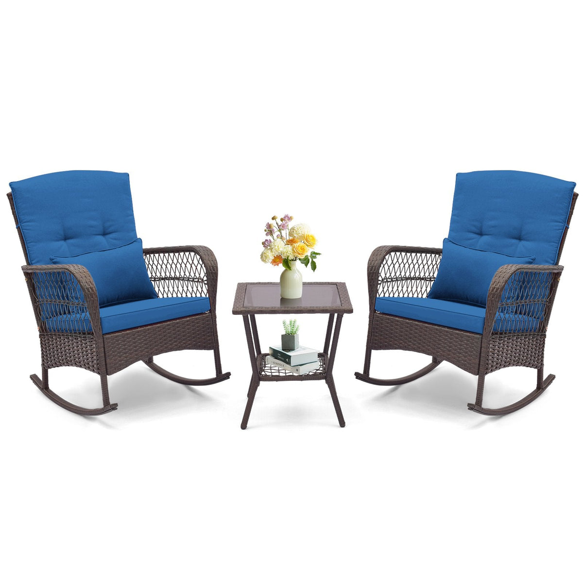 3 Piece Patio Wicker Rocking Chair Set, 2 High Back Rockers with Blue Cushions and Lumbar Pillows and a Two Tier Glass Top Table