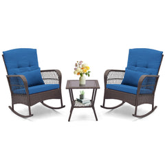 3 Piece Patio Wicker Rocking Chair Set, 2 High Back Rockers with Blue Cushions and Lumbar Pillows and a Two Tier Glass Top Table