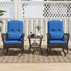 3 Piece Patio Wicker Rocking Chair Set, 2 High Back Rockers with Blue Cushions and Lumbar Pillows and a Two Tier Glass Top Table
