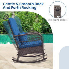 3 Piece Patio Wicker Rocking Chair Set, 2 High Back Rockers with Blue Cushions and Lumbar Pillows and a Two Tier Glass Top Table