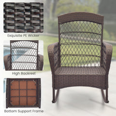 3 Piece Patio Wicker Rocking Chair Set, 2 High Back Rockers with Blue Cushions and Lumbar Pillows and a Two Tier Glass Top Table