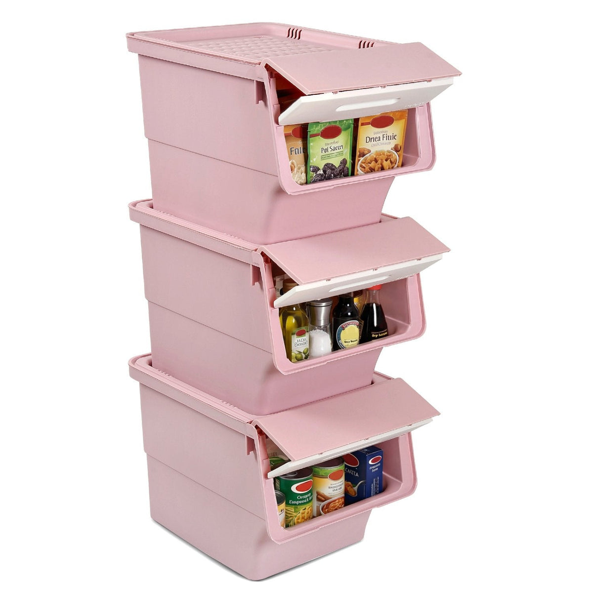 3 Pieces Storage Bins on Wheels Stackable Plastic Boxes with Stay-Open Lid (M)-Pink