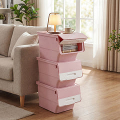 3 Pieces Storage Bins on Wheels Stackable Plastic Boxes with Stay-Open Lid (M)-Pink