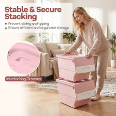 3 Pieces Storage Bins on Wheels Stackable Plastic Boxes with Stay-Open Lid (M)-Pink