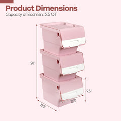 3 Pieces Storage Bins on Wheels Stackable Plastic Boxes with Stay-Open Lid (S)-Pink