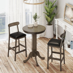 3 Pieces Wood Bar Table Set for 2 Round Pub Table with Pedestal Base and 2 Armless Stools