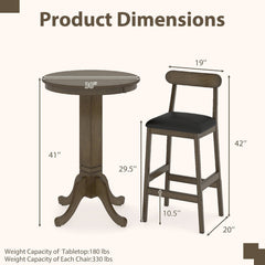 3 Pieces Wood Bar Table Set for 2 Round Pub Table with Pedestal Base and 2 Armless Stools