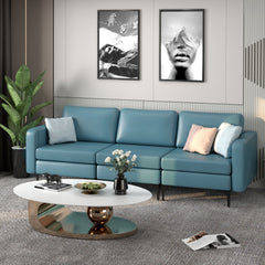 3 Seat Modular Sofa in Blue Leather Look Fabric, 94.5 in Wide, 1980 lb Capacity and Armrest Caddy