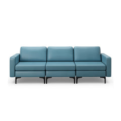 3 Seat Modular Sofa in Blue Leather Look Fabric, 94.5 in Wide, 1980 lb Capacity and Armrest Caddy