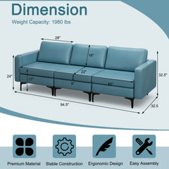 3 Seat Modular Sofa in Blue Leather Look Fabric, 94.5 in Wide, 1980 lb Capacity and Armrest Caddy