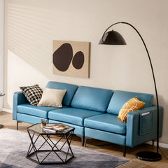 3 Seat Modular Sofa in Blue Leather Look Fabric, 94.5 in Wide, 1980 lb Capacity and Armrest Caddy