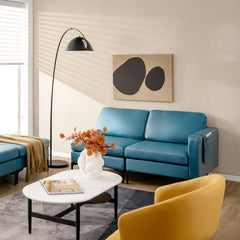 3 Seat Modular Sofa in Blue Leather Look Fabric, 94.5 in Wide, 1980 lb Capacity and Armrest Caddy