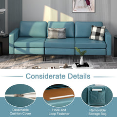 3 Seat Modular Sofa in Blue Leather Look Fabric, 94.5 in Wide, 1980 lb Capacity and Armrest Caddy