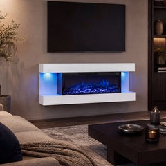 3-Sided, White Wall Mount Electric WiFi Fireplace with Floating Mantel and 12 Flame Ambient Colors-40 inches
