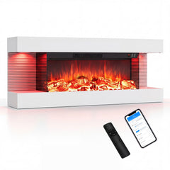 3-Sided, White Wall Mount Electric WiFi Fireplace with Floating Mantel and 12 Flame Ambient Colors-40 inches