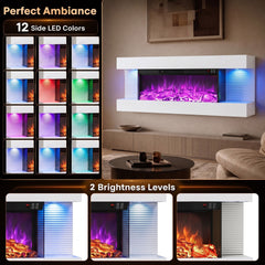 3-Sided, White Wall Mount Electric WiFi Fireplace with Floating Mantel and 12 Flame Ambient Colors-40 inches