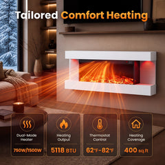 3-Sided, White Wall Mount Electric WiFi Fireplace with Floating Mantel and 12 Flame Ambient Colors-40 inches