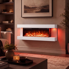 3-Sided, White Wall Mount Electric WiFi Fireplace with Floating Mantel and 12 Flame Ambient Colors-50 inches