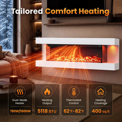 3-Sided, White Wall Mount Electric WiFi Fireplace with Floating Mantel and 12 Flame Ambient Colors-50 inches