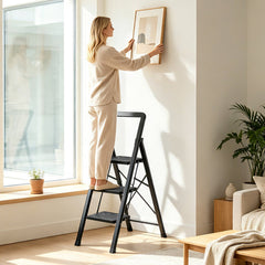 3 Step Black Folding Step Stool with Wide Anti-slip Pedals