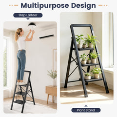 3 Step Black Folding Step Stool with Wide Anti-slip Pedals