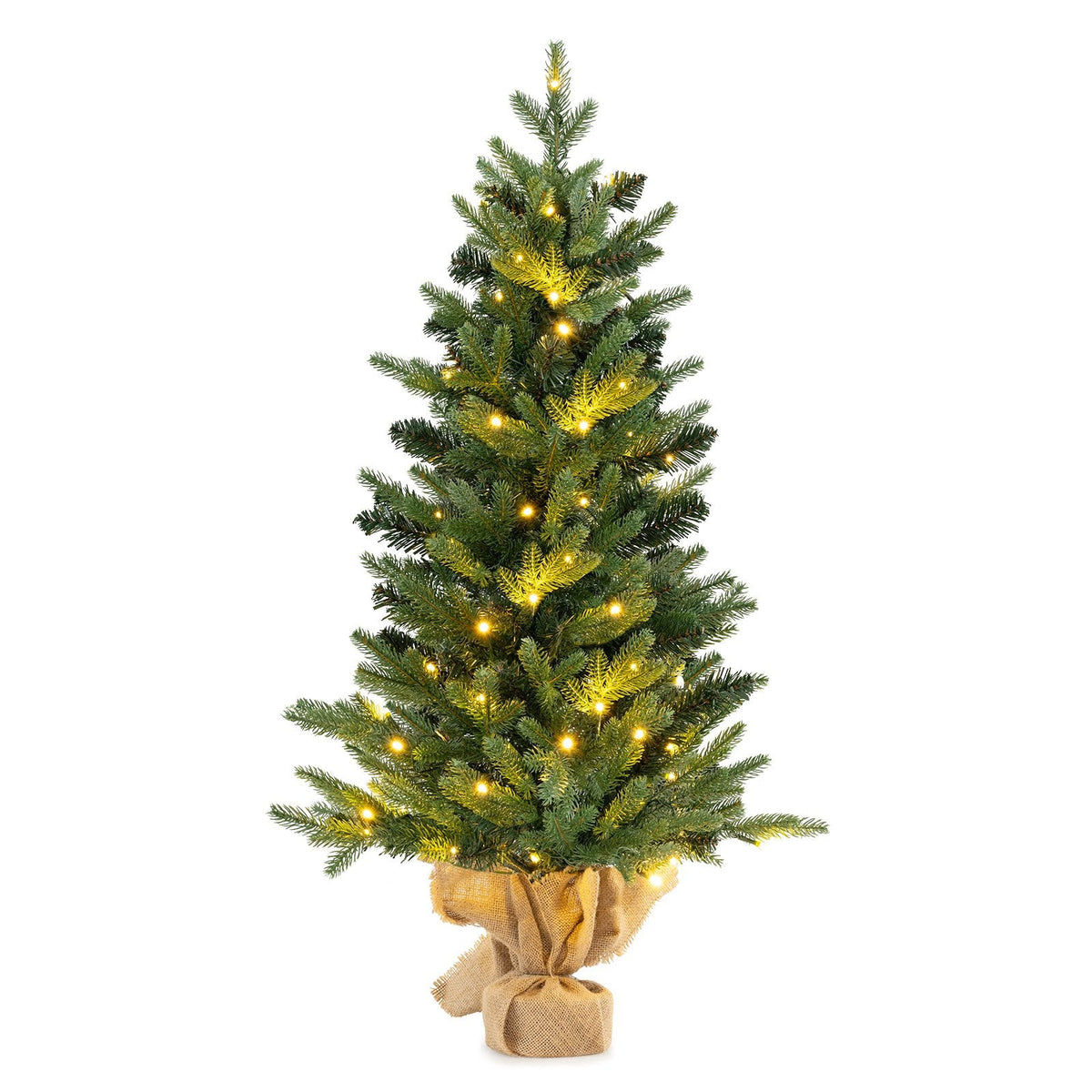 3 FT Pre-Lit Mini Artificial Christmas Tree with 363 Tips, 50 Warm White LEDs and Burlap Base