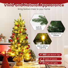 3 FT Pre-Lit Mini Artificial Christmas Tree with 363 Tips, 50 Warm White LEDs and Burlap Base