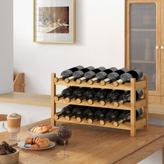 3-Tier Bamboo Freestanding Countertop Wine Bottle Organizer-Natural