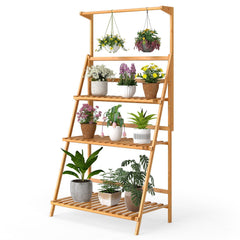 3 Tier Bamboo Hanging Plant Stand with Height Adjustable Hanger Rod-Natural