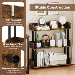 3-Tier Bookshelf with Anti-Tipping Kit and Industrial Storage Unit for Living Room-Rustic Brown