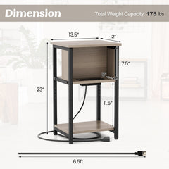 3-Tier End Table with 2 Power Outlets and 2 USB Ports, Grey and Black