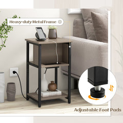 3-Tier End Table with 2 Power Outlets and 2 USB Ports, Grey and Black
