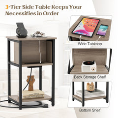 3-Tier End Table with 2 Power Outlets and 2 USB Ports, Grey and Black