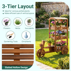 3-Tier Fir Wood Plant Stand with Fabric Canopy and 3 Wheels-Brown