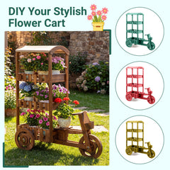 3-Tier Fir Wood Plant Stand with Fabric Canopy and 3 Wheels-Brown