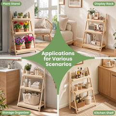 3-Tier Foldable Plant Stand with Slatted Shelves and Fir Wood Frame-Natural